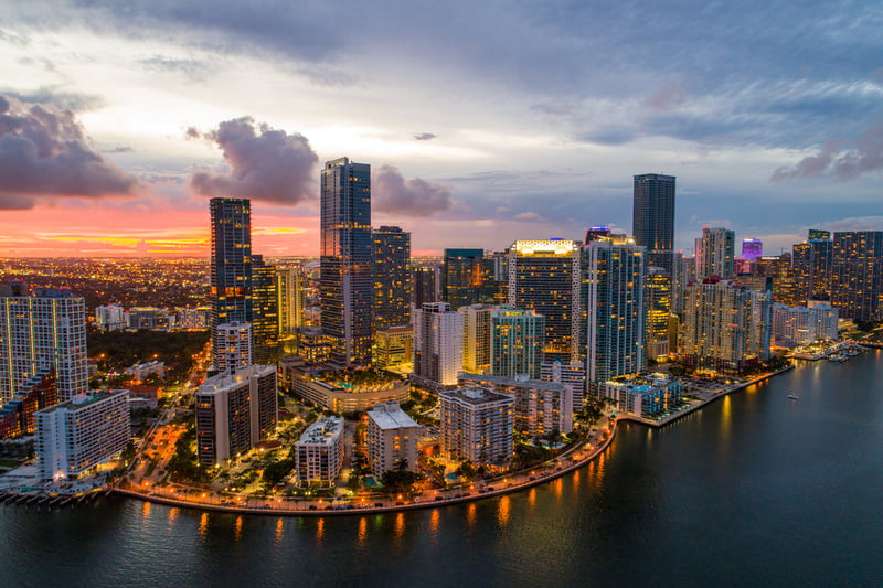 Aerial twilight Brickell Miami Florida USA